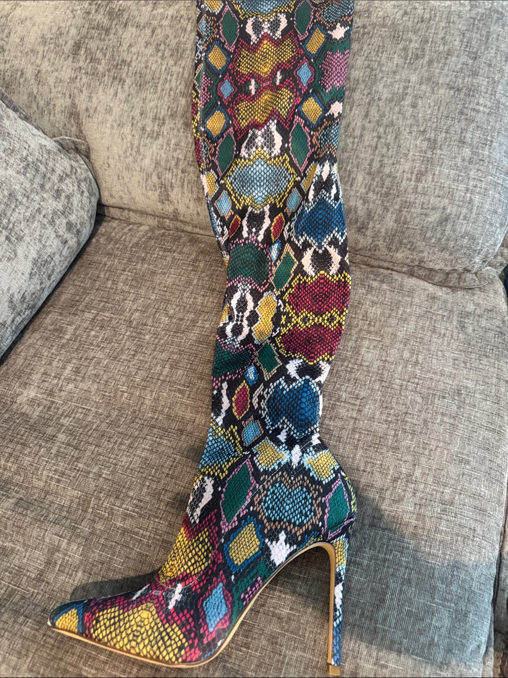 Multicolor Snake-Print Over-the-Knee Stiletto Boot